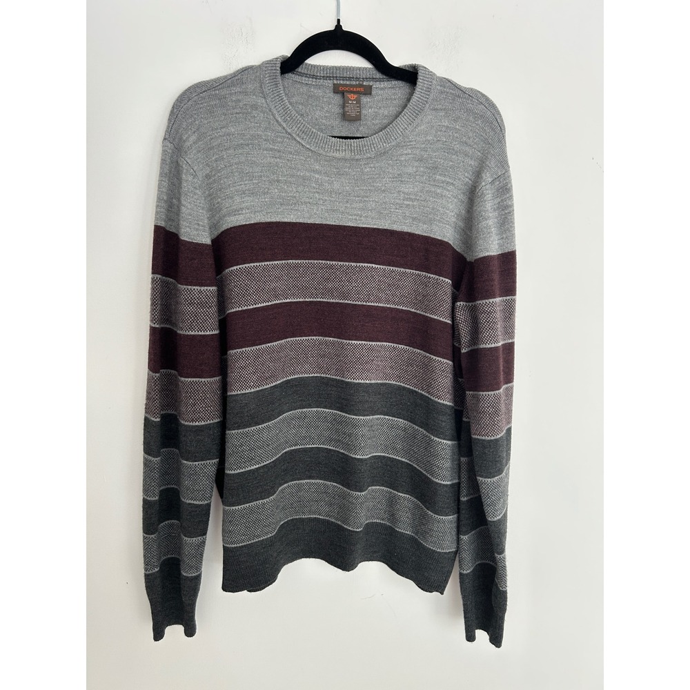 Dockers Mens Striped Crewneck Sweater Grey Burgundy Charcoal Acrylic Size M